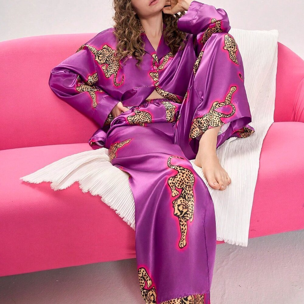Purple Elegant Women's Leopard Print Satin Pajama Set